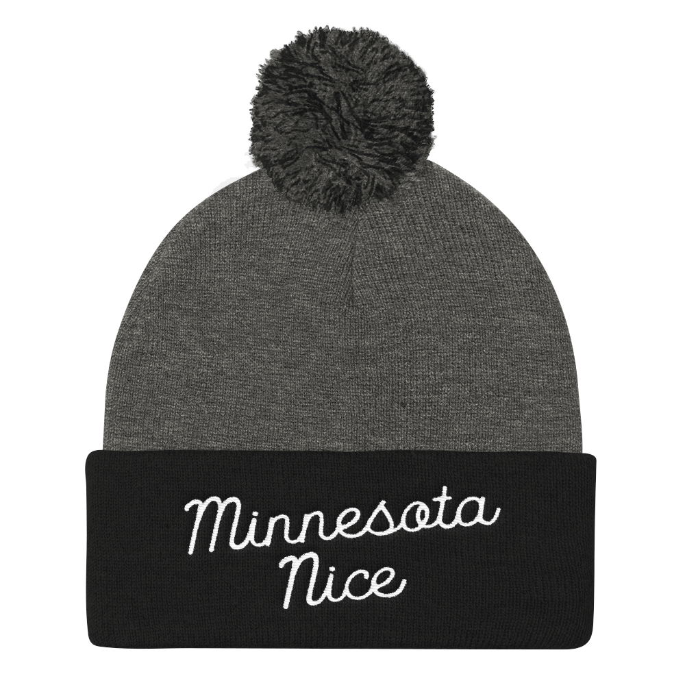 Minnesota Nice Script Pom Pom Knit Hat in Black and Grey