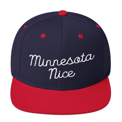 Minnesota Nice Snapback Cap in Navy and Red with White Script