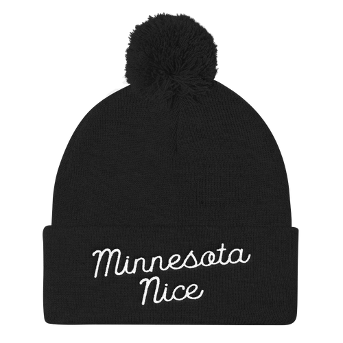 Minnesota Nice Script Pom Pom Knit Hat in Black