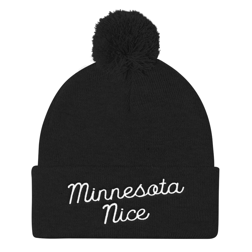 Minnesota Nice Script Pom Pom Knit Hat in Black