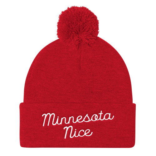 Minnesota Nice Script Pom Pom Knit Hat in Red