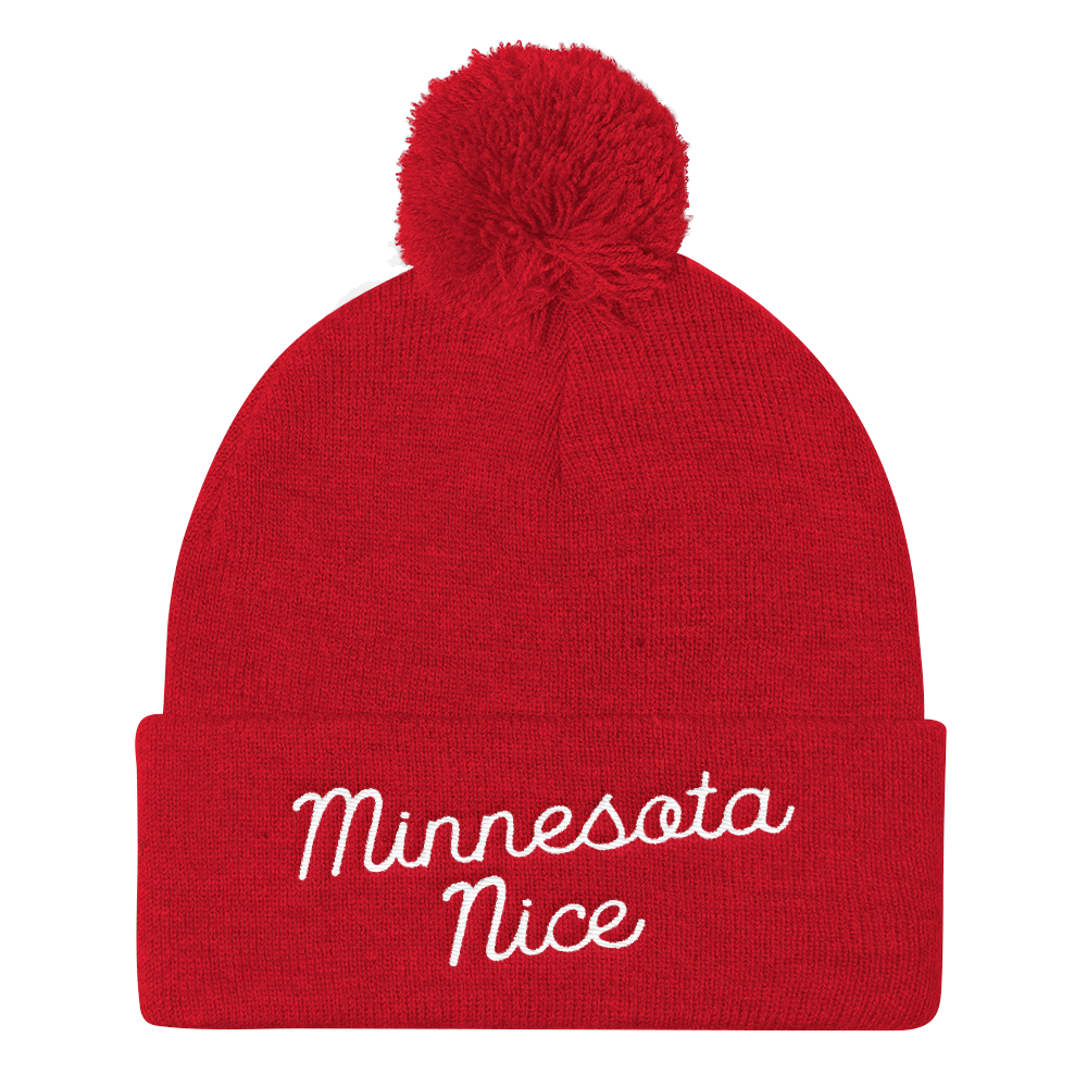 Minnesota Nice Script Pom Pom Knit Hat in Red