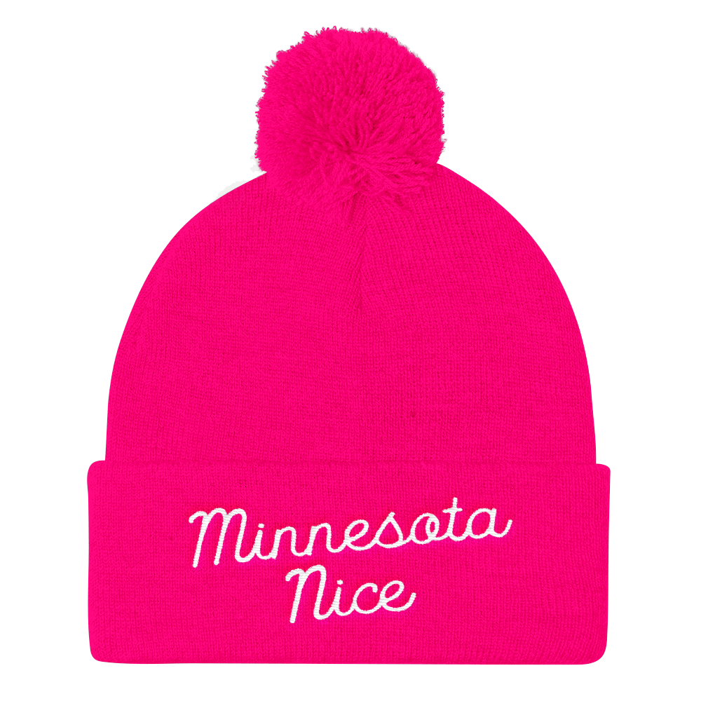 Minnesota Nice Script Pom Pom Knit Hat in Pink