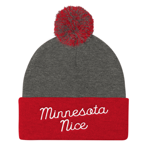 Minnesota Nice Script Pom Pom Knit Hat in Red and Grey