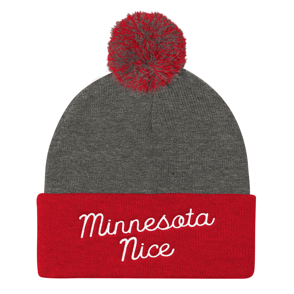 Minnesota Nice Script Pom Pom Knit Hat in Red and Grey