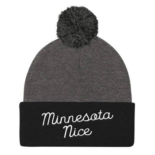Minnesota Nice Script Pom Pom Knit Hat in Black and Grey
