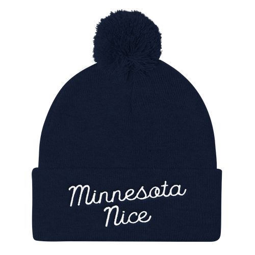 Minnesota Nice Script Pom Pom Knit Hat in Navy
