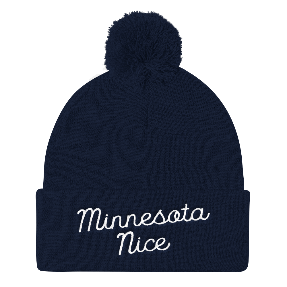 Minnesota Nice Script Pom Pom Knit Hat in Navy