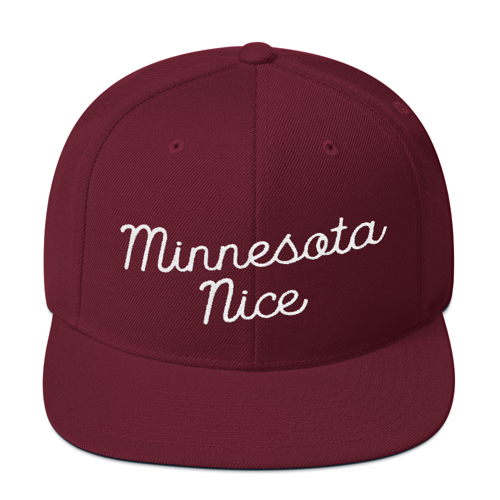 Minnesota Nice Snapback Cap in Maroon with White Script